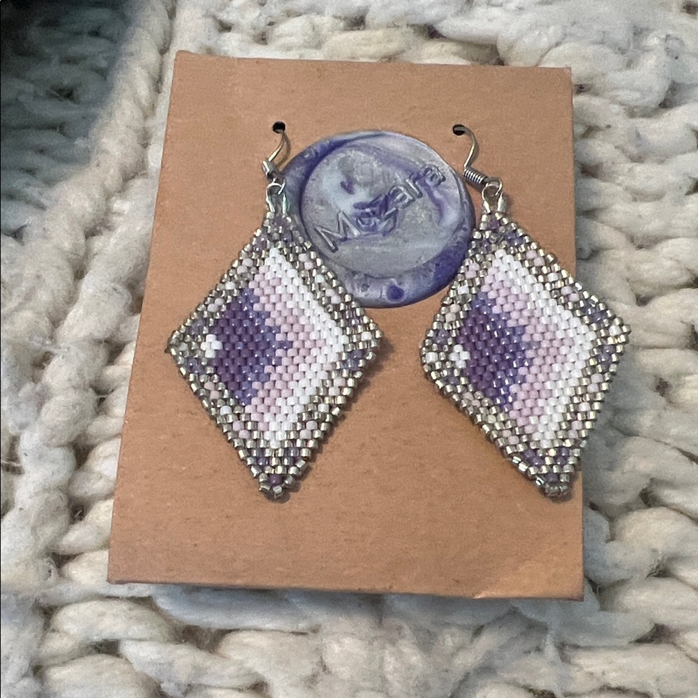 Handmade Purple Beaded Diamond Drop Earrings